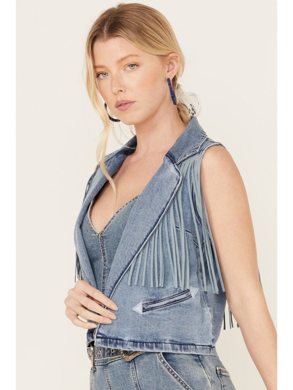NWT Rock & Roll Denim Acid Wash Fringe Western Vest Size XSmall